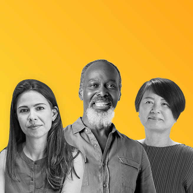 three people on the orange background