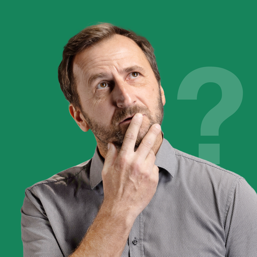 a man pondering, with hand on chin and a question mark on his shoulder